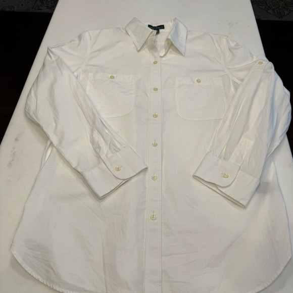 Lauren Ralph Lauren Womens Button Down Shirt White Pockets Roll Tab Sleeve Sz M - Picture 8 of 10